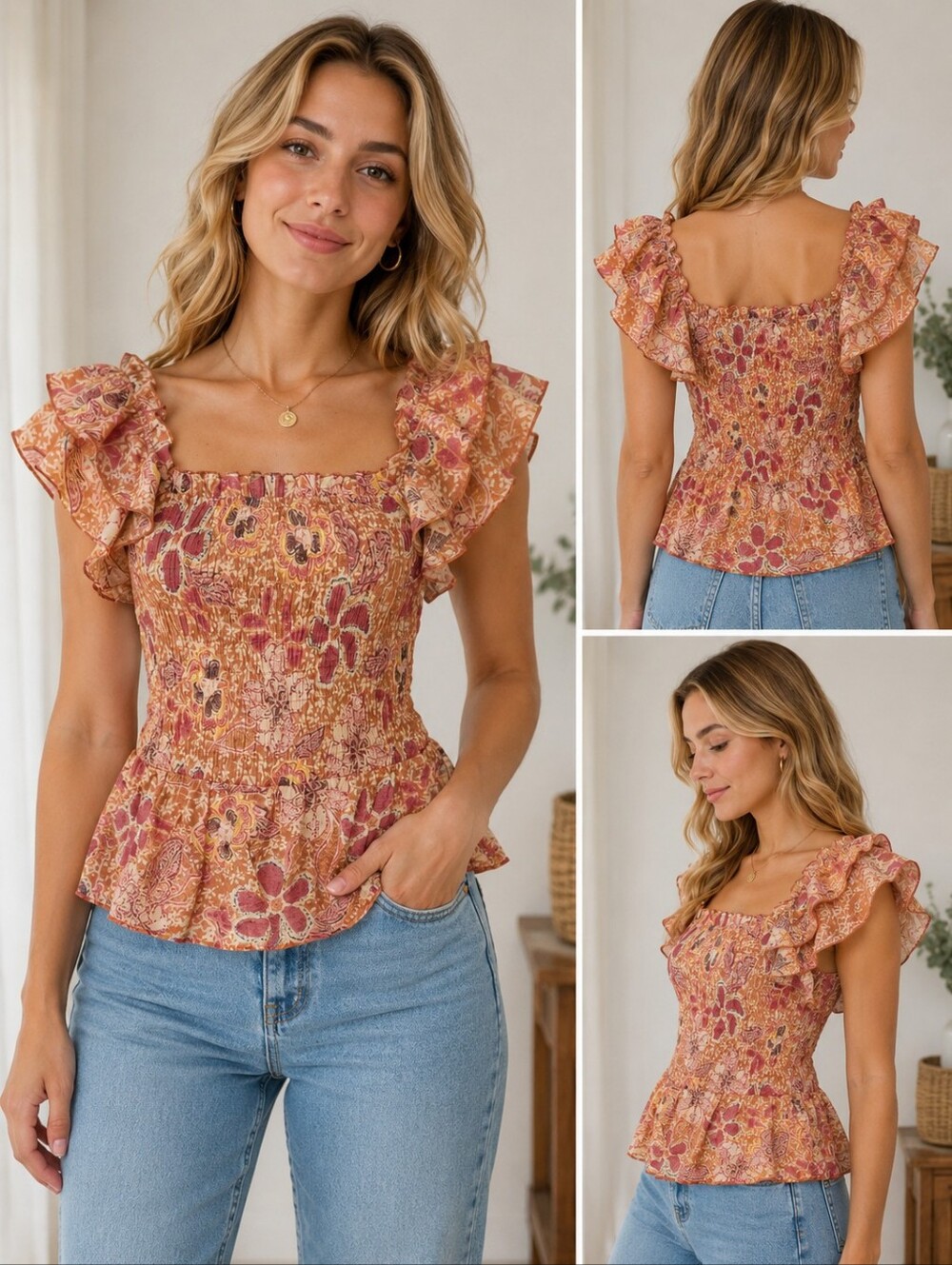 Nanette Lepore Floral Smocked Top Shirt Peplum Flutter Sleeve Boho S